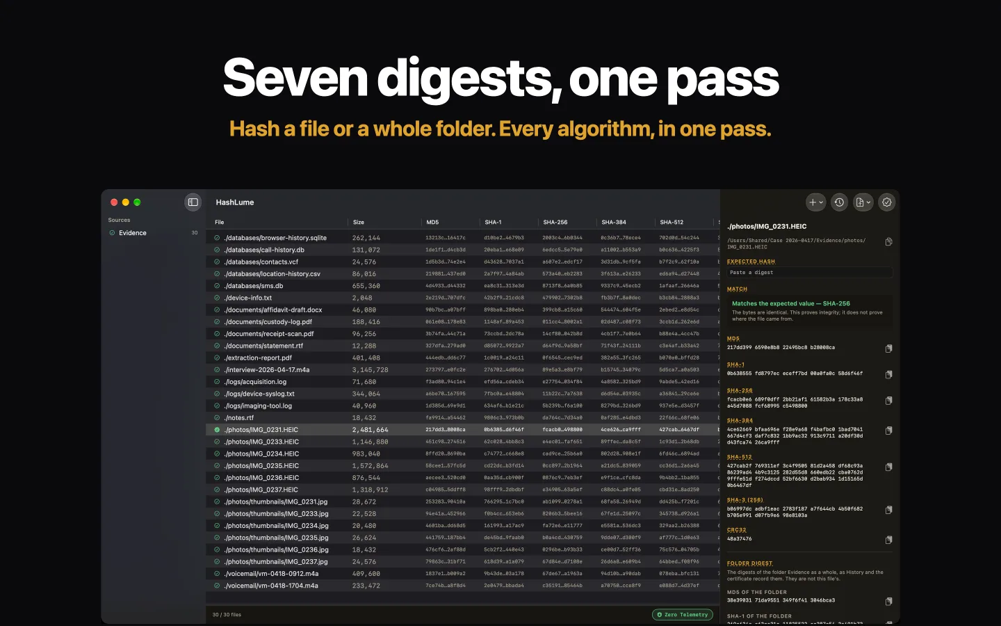 HashLume showing seven digests for a folder of files, with the selected file matching its expected value